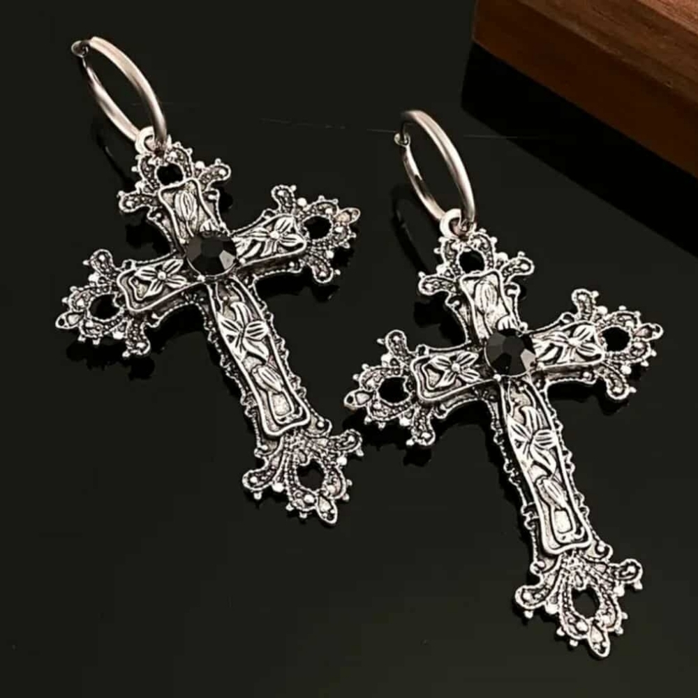 NEW Dolls Kill Silver Gothic Witchy Medieval Renaissance Style Cross Earrings - Picture 6 of 7